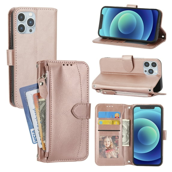 Compatible With iPhone 14 Pro Wallet Case Wearable Leather Card Pockets Zipper Design Shockproof Wristband Crossbody Lanyard Full Coverage Protection Dustproof Lightweight Luxury Cover,Pink