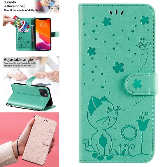 Compatible With iPhone 14 Wallet Case Full Coverage Dustproof Card Pocket PU Leather Cute Flower Knurling Wrist Strap Shockproof Lightweight Luxury Phone Cover,Green