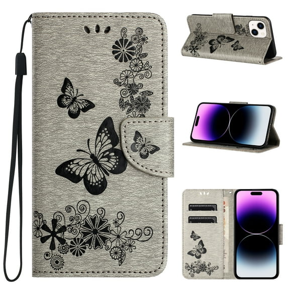Compatible With iPhone 15 Plus Wallet Case Full Coverage 360° Protection Dustproof Card Pocket Kickstand Butterfly Pattern Shockproof Magnetic Closure Luxury Folio Phone Cover,Gray