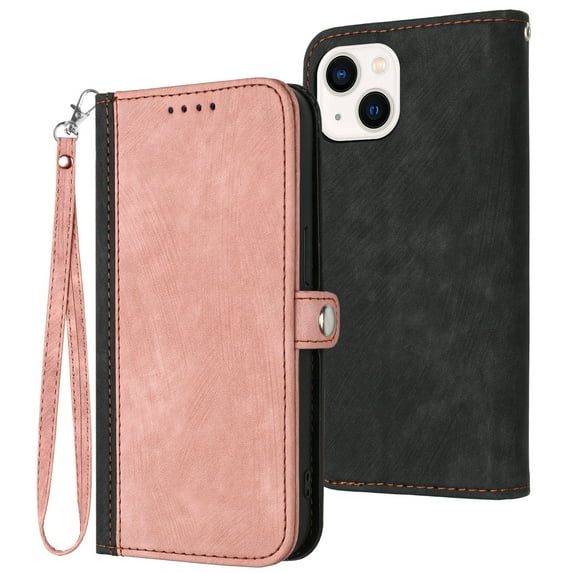 Compatible With iPhone 15 Plus Wallet Case Full Coverage Dustproof Built-in Magnet Closure Kickstand Shockproof Card Pocket Wristband Strap Phone Cover for Women or Men,Pink