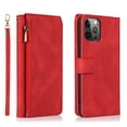 thumbnail image 1 of Compatible With iPhone 15 Pro Max Wallet Case Full Coverage Metal Zipper and Buttons Design Dual Layer Kickstand Card Pocket Slim & Lightweight Shockproof Wrist Strap Phone Case,Red, 1 of 12