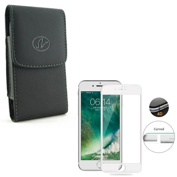 Compatible With iPhone 8 7 6S 6 - Black Leather Case w Tempered Glass Screen Protector 4D Touch