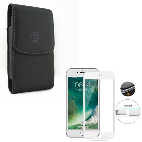 Compatible With iPhone 8 7 6S 6 - Black Leather Case w Tempered Glass Screen Protector 5D Touch