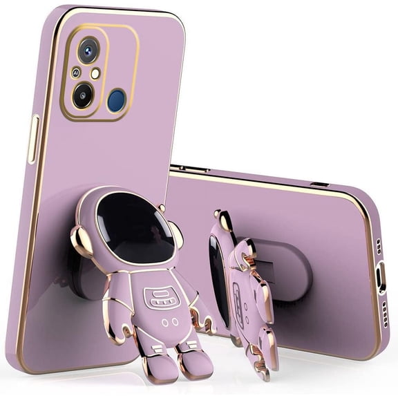 Compatible with Xiaomi Redmi 12C Case for Women Men, Ultra Soft Xiaomi Redmi 12C Phone Case with Stand Silicone TPU Plating Cute Astronaut Pattern Cases Cover (Purple)