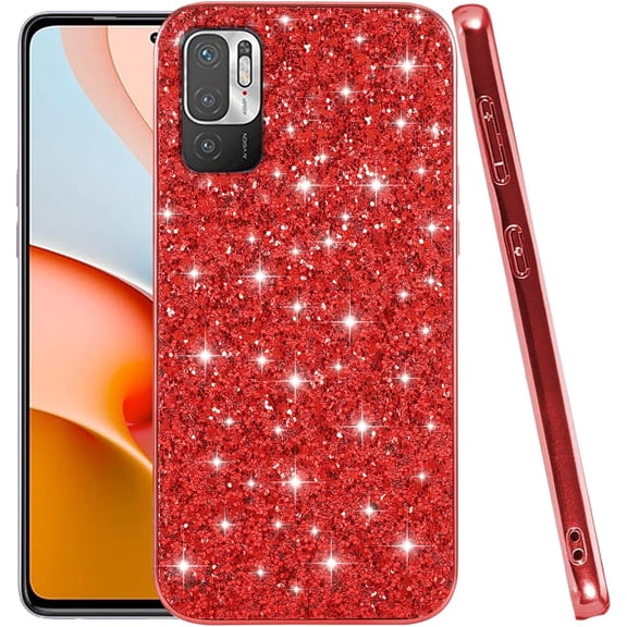Compatible with Xiaomi Redmi Note 10 5G Case, Glitter Sparkly Redmi Note 10 5G Phone Case with Slim Silicone Shockproof Protective Bumper Cover for Cute Girls Women (Red)