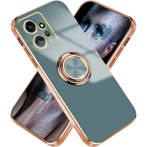 Compatible with Xiaomi Redmi Note 12 4G Case for Women Men Cute Redmi Note 12 4G Phone Case Shockproof with Luxury Plating Gold Edge Kickstand Protective Cases Cover (Grey)