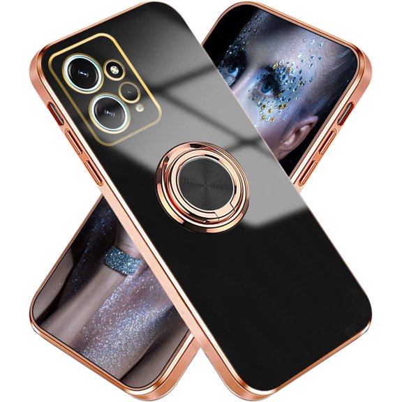 Compatible with Xiaomi Redmi Note 12 4G Case for Women Men Cute Redmi Note 12 4G Phone Case Shockproof with Luxury Plating Gold Edge Kickstand Protective Cases Cover (Black)