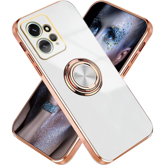 Compatible with Xiaomi Redmi Note 12 4G Case for Women Men Cute Redmi Note 12 4G Phone Case Shockproof with Luxury Plating Gold Edge Kickstand Protective Cases Cover (White)