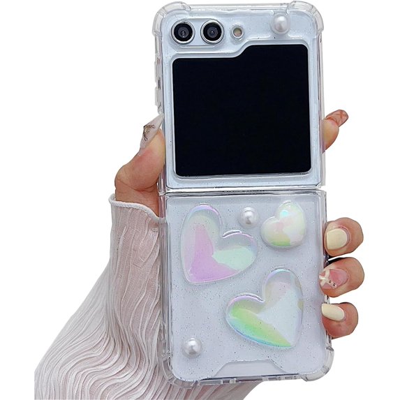 Compatible with Z Flip 5 Glitter Case Bling Clear Laser Heart Love Cute Pearl Soft Lightweight Shockproof Fashion Luxury Shockproof Cover for Women Girls