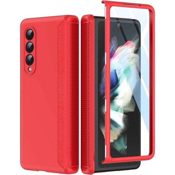 Compatible with Z Fold 3 case (with hinge protection, screen protector, frosted hard shockproof full body protection) for Samsung Galaxy Z Fold 3 5G,Red