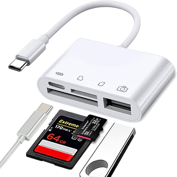 Compatible for 4-in-1 USB C SD/MicroSD Card Reader for iPhone 15/16/17, iPad, MacBook, Samsung Galaxy - Camera Memory Adapter w/Charging Port