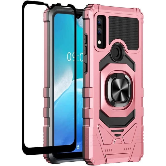 Compatible for AT&T Maestro 3 Case w/Tempered Glass Screen Protector [Military Grade] Ring Car Mount Kickstand Shockproof Hard Phone Case - Rose Gold
