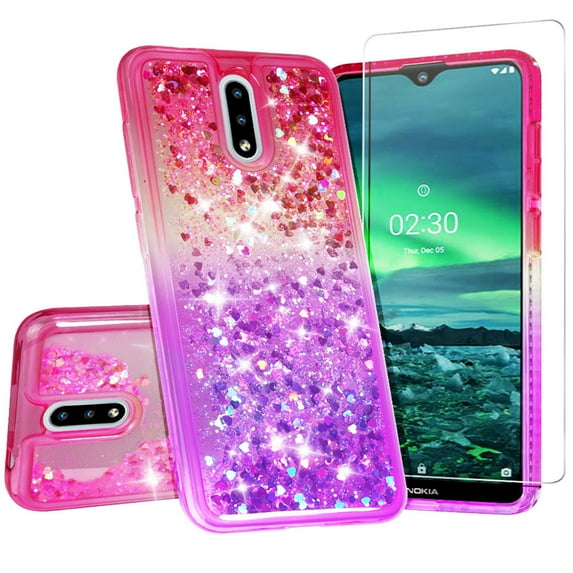 Compatible for Nokia 2.3 Case, with Tempered Glass Screen Protector SOGA Diamond Liquid Quicksand Cover Cute Girl Women Phone Case - Pink / Purple