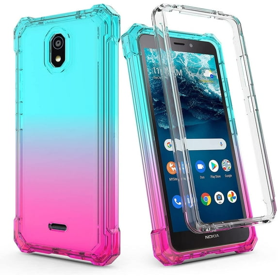 Compatible for Nokia C100 Case with Temper Glass Screen Protector Full-Body Snap-On Rugged Protection Phone Cover Glitter Teal/Pink