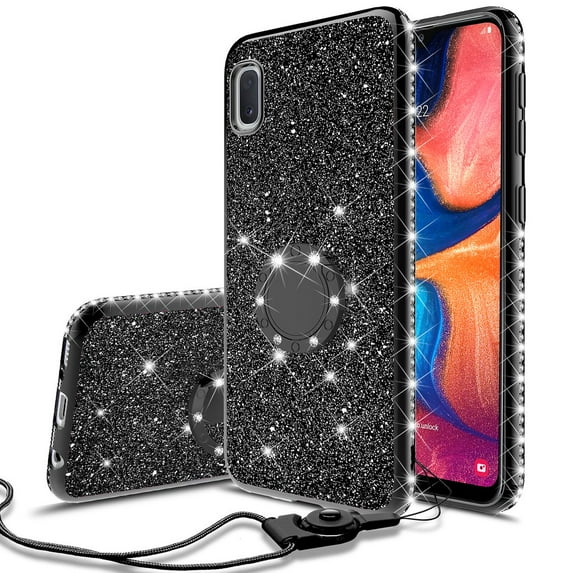 Compatible for Samsung Galaxy A10e Case, SOGA Glitter Diamond Rhinestone TPU Phone Cover with Ring Stand and Lanyard Girls Women Cover (Black)