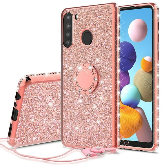 Compatible for Samsung Galaxy A21 Case, SOGA Glitter Diamond Rhinestone TPU Phone Cover with Ring Stand and Lanyard Girls Women Cover (Rose Gold)