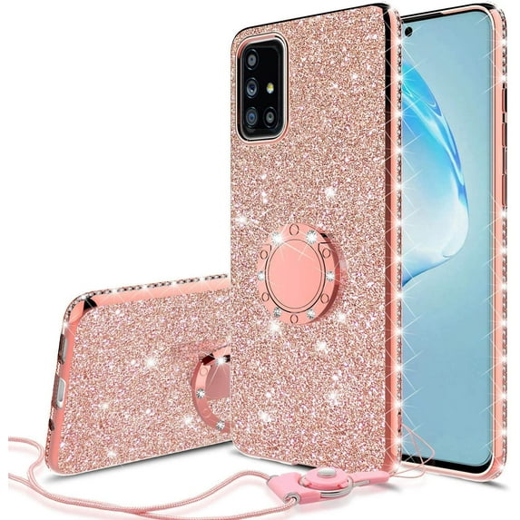 Compatible for Samsung Galaxy A71 Case, SOGA Glitter Diamond Rhinestone TPU Phone Cover with Ring Stand and Lanyard Girls Women Cover (Rose Gold)