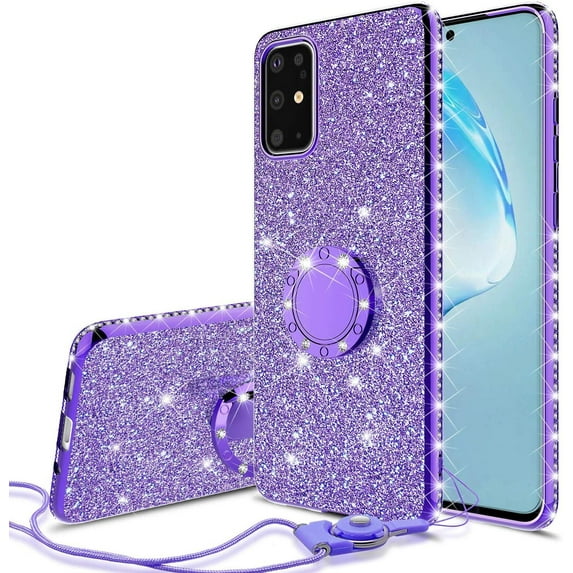Compatible for Samsung Galaxy S20 Plus Case, SOGA Glitter Diamond Rhinestone TPU Phone Cover with Ring Stand and Lanyard Girls Women Cover (Purple)