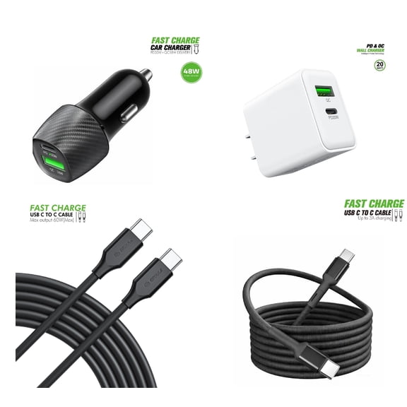 For Sharp Rouvo V FIH STTM21VAPP 48W Car Charger Plus 20W Wall Charger with 2X C to C USB Cable Combo