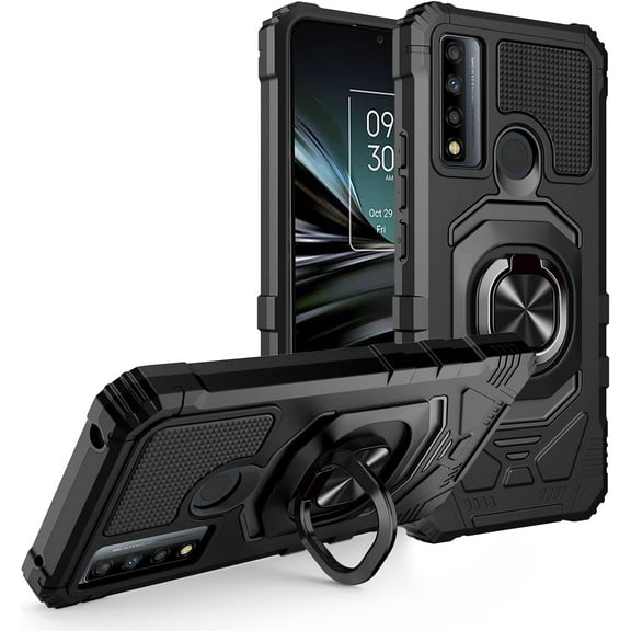 Compatible for TCL 30 XE 5G T767W Robotic Ring Kickstand Phone Case + Tempered Glass - Black