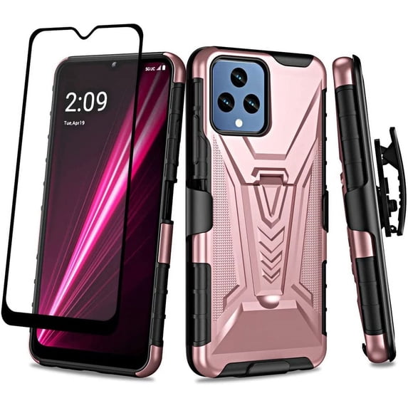 Compatible for TMobile Revvl 6 5G Case with Holster Belt Clip Hybrid Shockproof Protective Phone Cover with Kickstand - Rose Gold