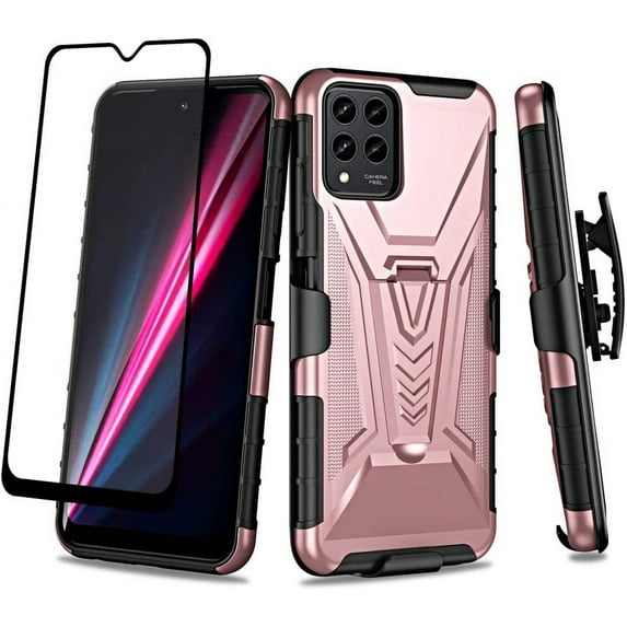 Compatible for TMobile Revvl 6 Pro 5G Case with Holster Belt Clip Hybrid Shockproof Protective Phone Cover with Kickstand - Rose Gold