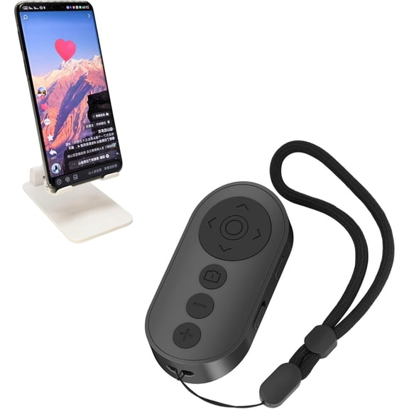 Compatible for TikTok Remote Control w/ Phone Stand, Wireless Camera Shutter for iPhone & Android, Selfie, Scrolling Ring, Zoom In/Out, Black