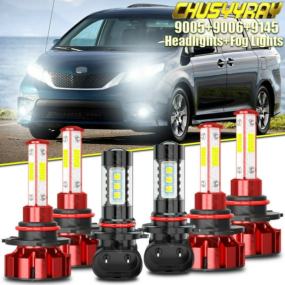 Compatible for Toyota Sienna 2006-2010 6000K 6X LED Headlight High&Low + Fog Light Bulb Kit