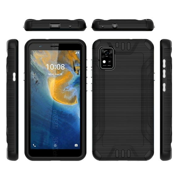 Compatible for ZTE Avid 589 Brushed Hybrid Phone Cover Case + Tempered Glass - Black