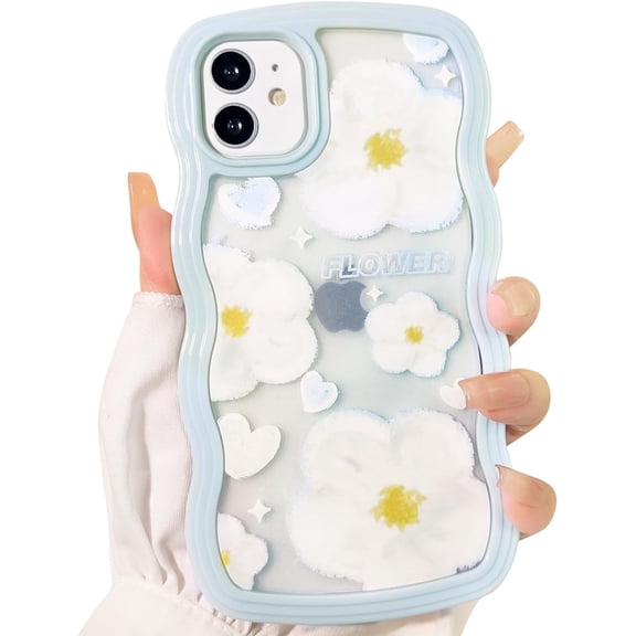 Compatible for iPhone 12/12 Pro Case Cute Flower Floral Curly Wave Wavy Frame Shape Shockproof Soft TPU 2 in 1 Phone Cover for Women Girl-Blue Flower