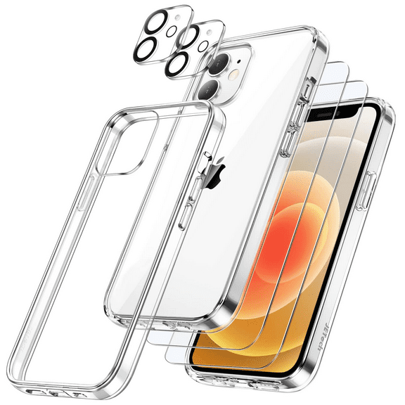 Compatible for iPhone 12 Crystal Clear Case, with 2 Pcs Glass Screen Protectors+2 Pcs Camera Protectors for iPhone 12 Heavy Duty Clear Case