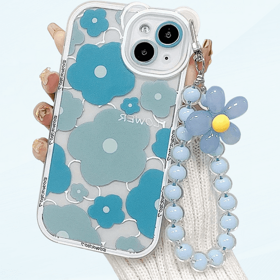 Compatible for iPhone 13 Case Clear Floral Bear Camera Lens Case with Lovely Flower Bracelet Chain for Women Girls, Soft TPU Shockproof Cover-Blue