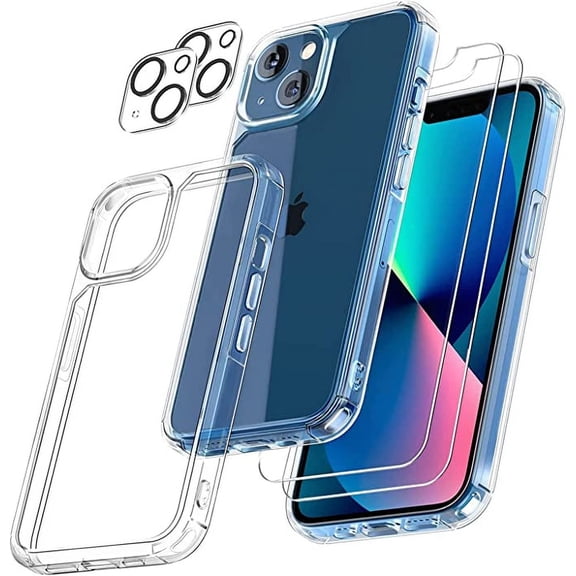 Compatible for iPhone 13 Crystal Clear Case, with 2 Pcs Glass Screen Protectors+2 Pcs Camera Protectors for iPhone 13 Heavy Duty Clear Case