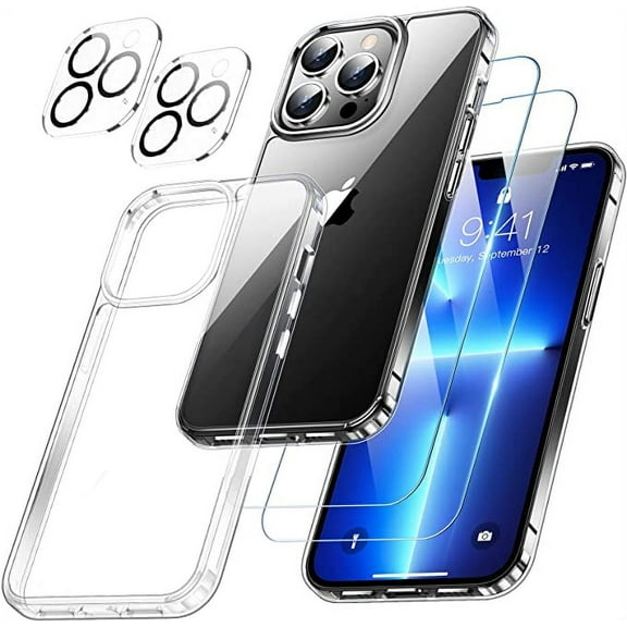 Compatible for iPhone 13 Pro Crystal Clear Case, with 2 Pcs Glass Screen Protectors+2 Pcs Camera Protectors for iPhone 13 Pro Heavy Duty Clear Case