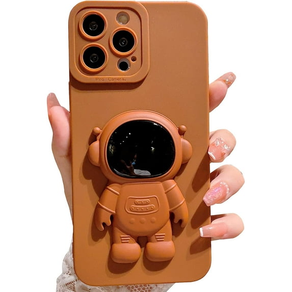 Compatible for iPhone 13 Pro Max Cute Case, 6D Astronaut Hidden Stand Phone Case for Women Girls Soft TPU Shockproof Back Cover - Brown