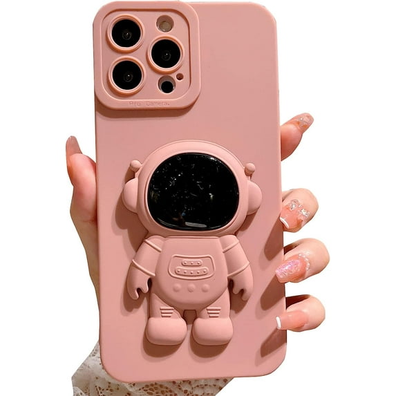 Compatible for iPhone 13 Pro Max Cute Case, 6D Astronaut Hidden Stand Phone Case for Women Girls Soft TPU Shockproof Back Cover - Pink