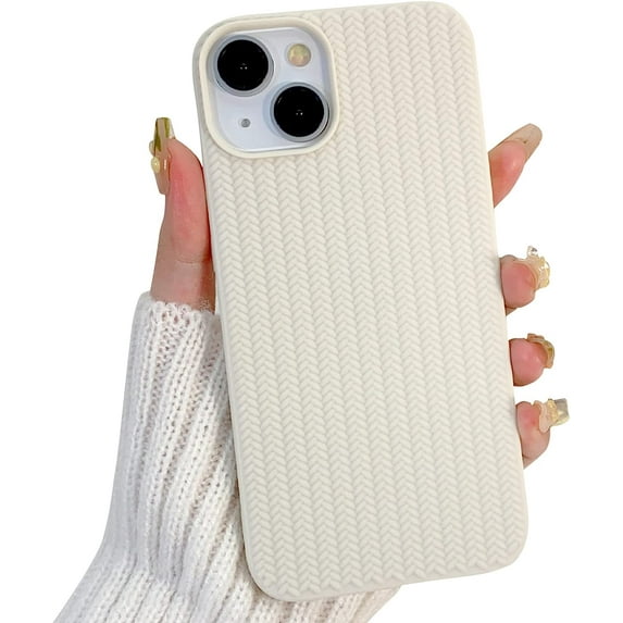 Compatible for iPhone 13/ iPhone 14 Case Cute Woven Pattern Braid Design Solid Color Soft Silicone Shockproof Cover for Women Girls-Apricot White 2