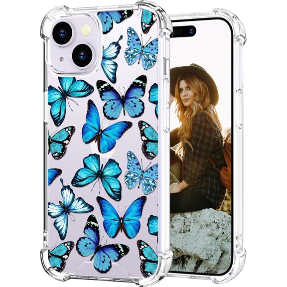 Compatible for iPhone 14 Case for Women Girls Clear Design Cute, Protector Girly Transparent Butterflies