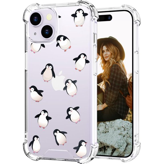 Compatible for iPhone 14 Case for Women Girls Clear Design Cute, Protector Girly Transparent Lovely Kawaii Dancing Penguins Animal Joy Funny Happy