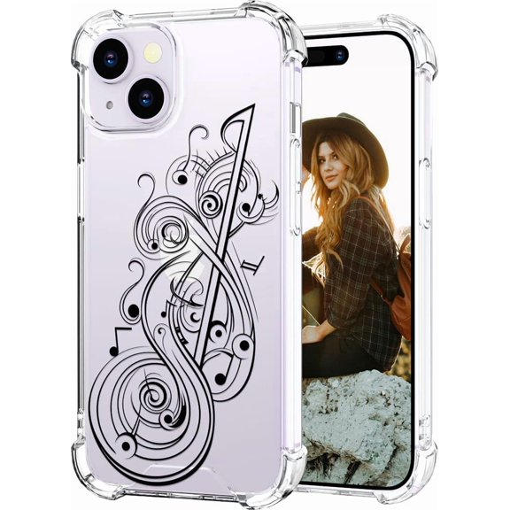 Compatible for iPhone 14 Case for Women Girls Clear Design Cute, Protector Girly Transparent Music Notes Musical
