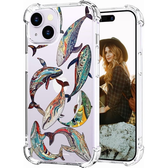 Compatible for iPhone 14 Case for Women Girls Clear Design Cute, Protector Girly Transparent Ocean Sea Animal Abstract Whales Group Beautiful