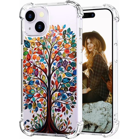 Compatible for iPhone 14 Case for Women Girls Clear Design Cute, Protector Girly Transparent Tree with Colorful Leaves Autumn