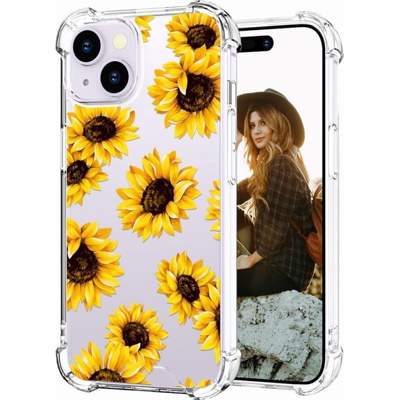 Compatible for iPhone 14 Case for Women Girls Clear Design Cute, Protector Girly Transparent Yellow Sunflower