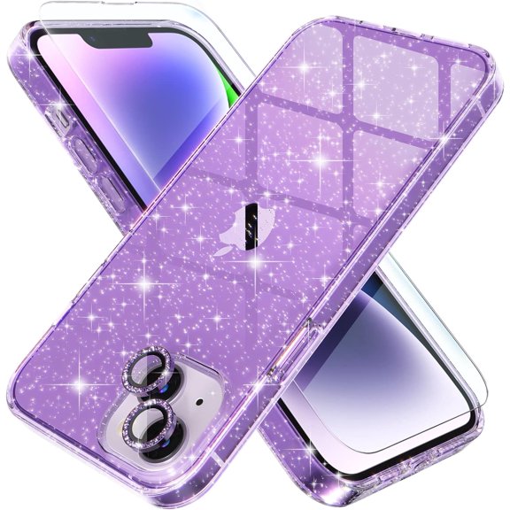 Compatible for iPhone 14 Plus Case Cute, Women Clear Glitter Bling Sparkly Case, 6.7-inch (Glitter Purple)