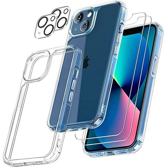 Compatible for iPhone 14 Plus Crystal Clear Case, with 2 Pcs Glass Screen Protectors+2 Pcs Camera Protectors for iPhone 14 Plus Heavy Duty Clear Case