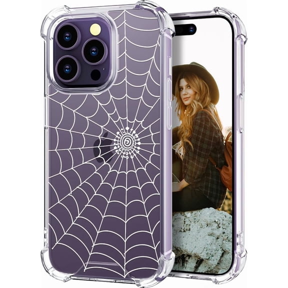 Compatible for iPhone 14 Pro Case for Women Girls Clear Design Cute, Protector Girly Transparent Spider Web Design