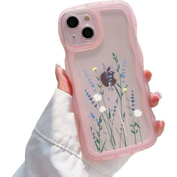 Compatible for iPhone 15 Case Clear,Flower Cute Wavy Phone Case,Floral Aesthetic Protective Soft TPU Pink Case for iPhone 15 Women Girl 6.1 Inches