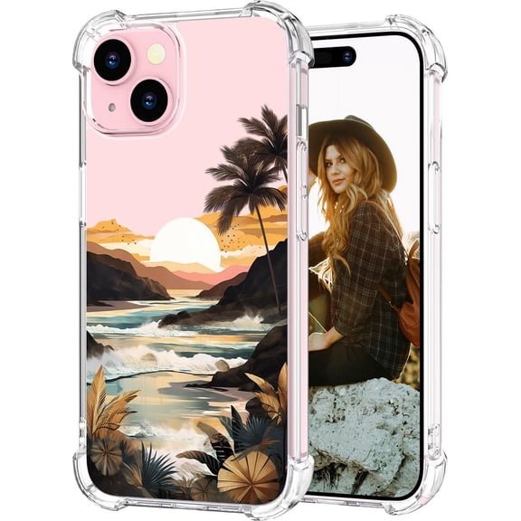 Compatible for iPhone 15 Case for Women Clear Design Cute, Girly Girls Ocean Beach Mountain Sunset Sun Sea Palm Trees Clouds Hills Tropical