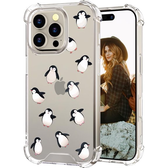 Compatible for iPhone 16 Pro Case for Women Girls Clear Design Cute, Girly Protector Lovely Kawaii Dancing Penguins Animal Joy Funny Happy