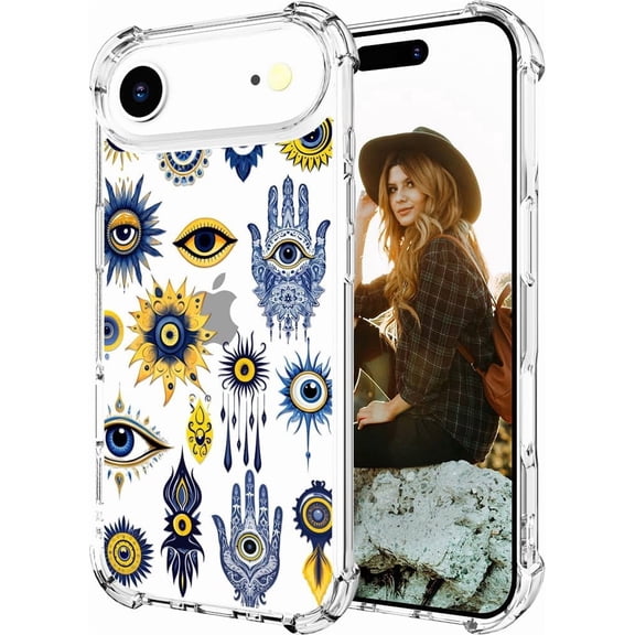 Compatible for iPhone 17 Air Case, Thin Slim Cute Girly Skin Cases Protector with Airbag Bumper for Women Girls (Clear Hamsa Evil Eyes)